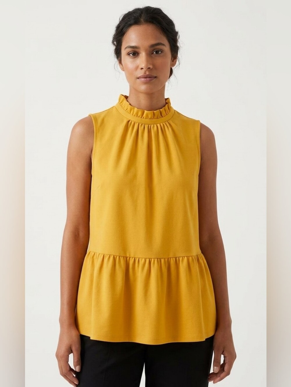 Ann Taylor Mustard Yellow Sleeveless Ruffle Neck Peplum Top Size L